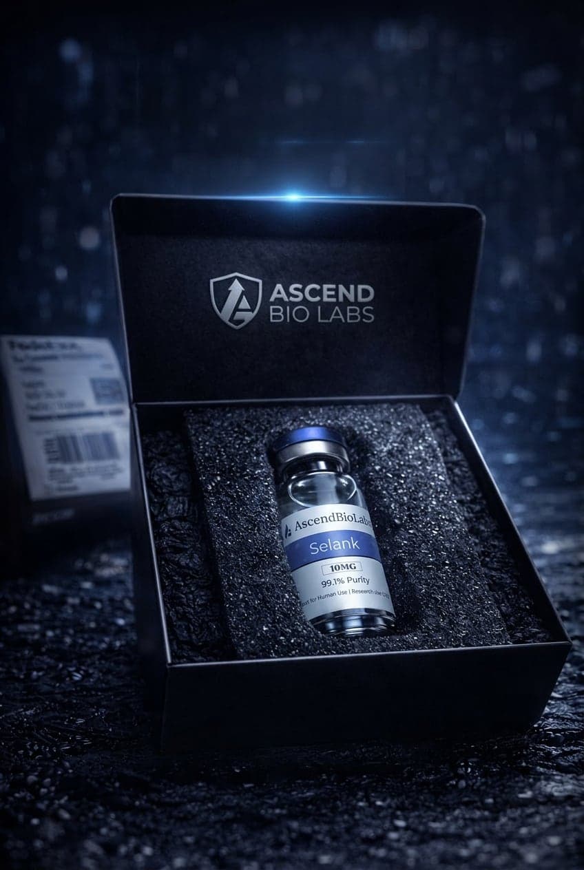 An Ascend Bio Labs box lined with black foam, holding one vial.